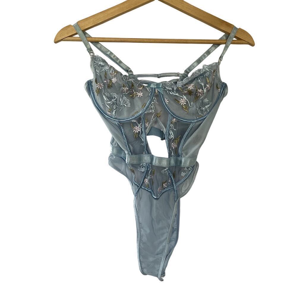 Unbranded Floral Lace Lingerie Teddy S Blue Women Embroidered Sheer Bodysuit